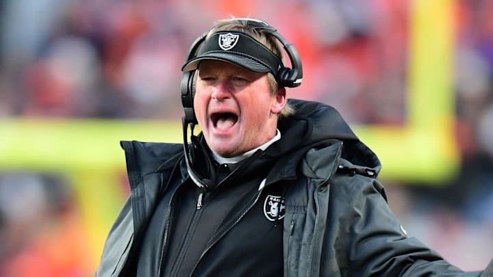 Dec 29, 2019; Denver, Colorado, USA; Oakland Raiders head coach Jon Gruden reacts following a penalty in the second half against the Denver Broncos at Empower Field at Mile High. Mandatory Credit: Ron Chenoy-Imagn Images