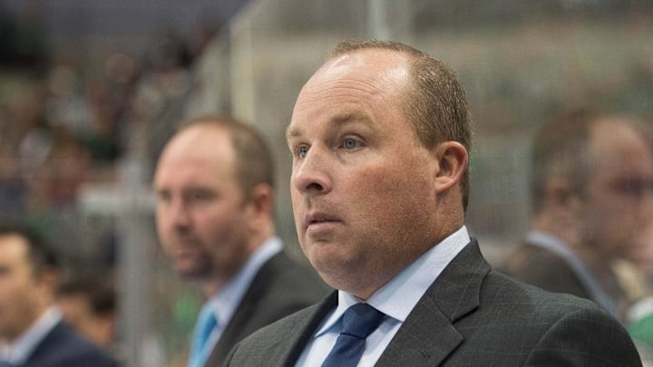 Oct 31, 2015; Dallas, TX, USA; San Jose Sharks assistant coach Steve Spott during the game against the Dallas Stars at the American Airlines Center. The Stars defeat the Sharks 5-3. Mandatory Credit: Jerome Miron-Imagn Images