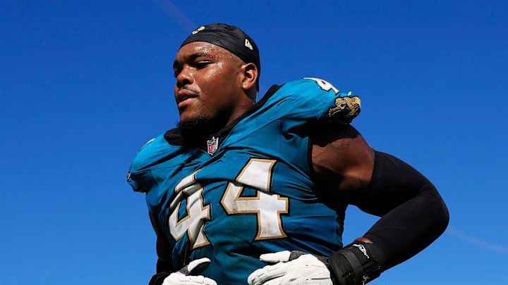 Jacksonville Jaguars defensive end Travon Walker (44) runs off the field after the game of an NFL football matchup at EverBank Stadium, Sunday, Sept. 21, 2025, in Jacksonville, Fla. The Jaguars defeated the Texans 17-10.