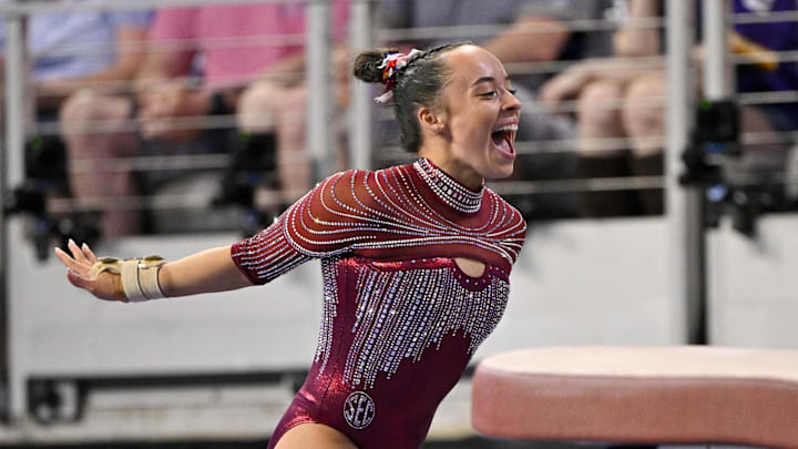 University of Oklahoma gymnast Faith Torrez celebrates after performing on vault during semifinals for the 2026 NCAA Women’s Gymnastics National Championships at Dickies Arena on Thursday.