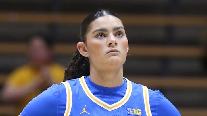 Purdue Boilermakers forward Reagan Bass (34) and UCLA Bruins center Lauren Betts (51) wait for the tipoff Tuesday, Jan. 7, 2025, during NCAA women’s basketball game at Mackey Arena in West Lafayette, Ind.