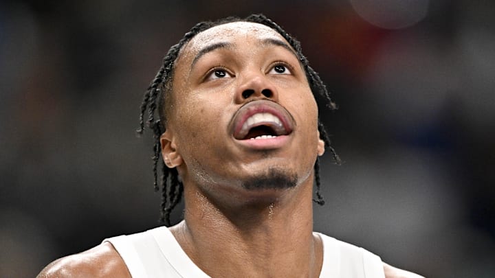 Toronto Raptors forward Scottie Barnes looks on during the second half against the Dallas Mavericks.