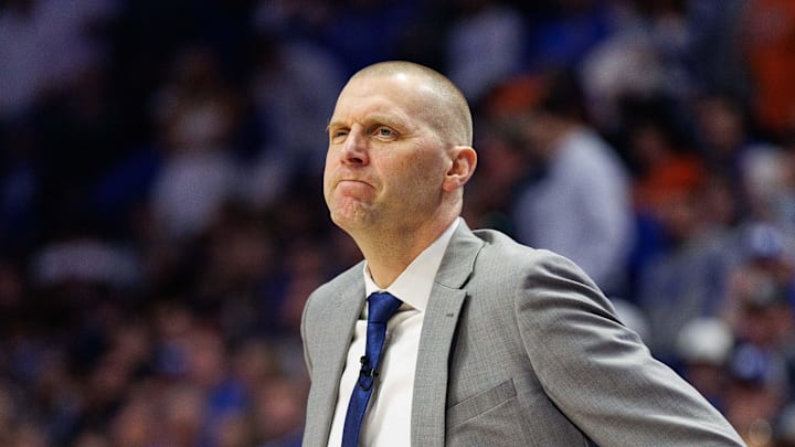Mar 1, 2025; Lexington, Kentucky, USA; Kentucky Wildcats head coach Mark Pope looks on during the first half against the Auburn Tigers at Rupp Arena at Central Bank Center. Mandatory Credit: Jordan Prather-Imagn Images