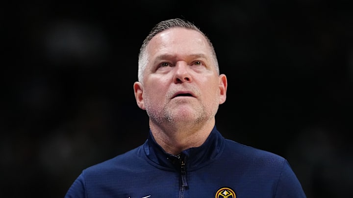 Mar 12, 2025; Denver, Colorado, USA; Denver Nuggets head coach Michael Malone during the fourth quarter against the Minnesota Timberwolves at Ball Arena. Mandatory Credit: Ron Chenoy-Imagn Images