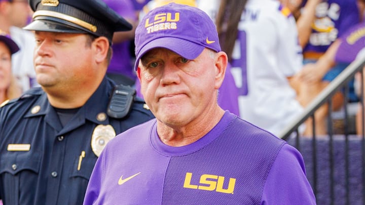 Sep 20, 2025; Baton Rouge, Louisiana, USA;  LSU Tigers head coach Brian Kelly looks on during warmups before the game against the Southeastern Louisiana Lions at Tiger Stadium. Mandatory Credit: Stephen Lew-Imagn Images