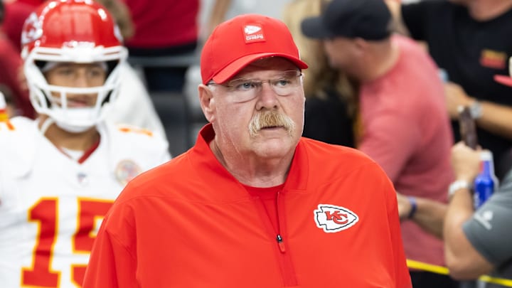 Aug 9, 2025; Glendale, Arizona, USA; Kansas City Chiefs head coach Andy Reid against the Arizona Cardinals during a preseason NFL game at State Farm Stadium. Mandatory Credit: Mark J. Rebilas-Imagn Images