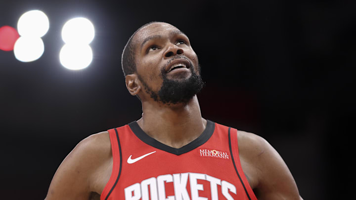 Jan 13, 2026; Houston, Texas, USA; Houston Rockets forward Kevin Durant (7) looks up after a play during the third quarter against the Chicago Bulls at Toyota Center. Mandatory Credit: Troy Taormina-Imagn Images
