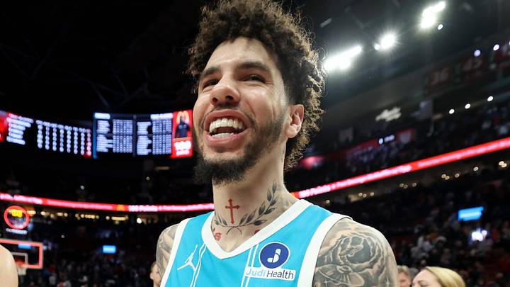 Mar 10, 2026; Portland, Oregon, USA; Charlotte Hornets guard LaMelo Ball (1) reacts after defeating the Portland Trail Blazers in the fourth quarter at Moda Center. Mandatory Credit: Jaime Valdez-Imagn Images