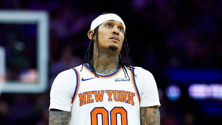 Jan 14, 2026; Sacramento, California, USA; New York Knicks guard Jordan Clarkson (00) looks on during the third quarter against the Sacramento Kings at Golden 1 Center. Mandatory Credit: Sergio Estrada-Imagn Images