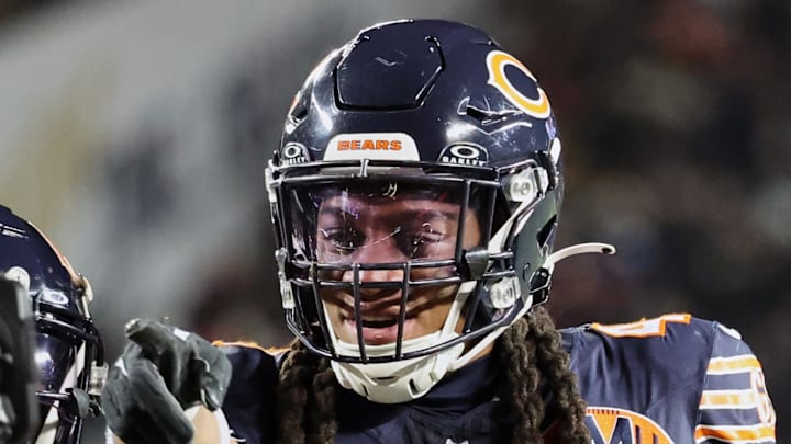 Chicago Bears linebacker Tremaine Edmunds poses for a television camera with safety Kevin Byard III.