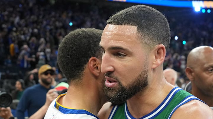 Golden State Warriors guard Stephen Curry and Dallas Mavericks guard Klay Thompson.