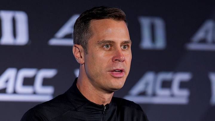 Oct 7, 2026; Charlotte, NC, USA; Duke Blue Devils head coach Jon Scheyer answers questions from the media during the ACC Tip-Off in Charlotte, NC. Mandatory Credit: Jim Dedmon-Imagn Images