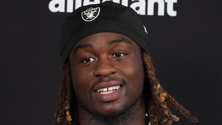 Jul 24, 2025; Henderson, NV, USA; Las Vegas Raiders running back Ashton Jeanty (2) during training camp press conference at the Intermountain Healthcare Performance Center. Mandatory Credit: Kirby Lee-Imagn Images