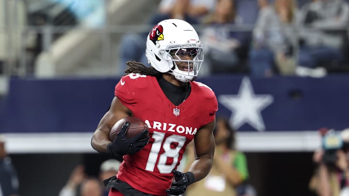 Nov 3, 2025; Arlington, Texas, USA; Arizona Cardinals wide receiver Marvin Harrison Jr. (18) scores a touchdown against the Dallas Cowboys in the first half at AT&T Stadium. Mandatory Credit: Kevin Jairaj-Imagn Images