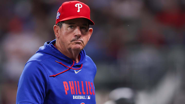 Apr 25, 2026; Atlanta, Georgia, USA; Philadelphia Phillies head coach Rob Thomson (49) makes a pitching change against the Atlanta Braves in the sixth inning at Truist Park. Mandatory Credit: Brett Davis-Imagn Images