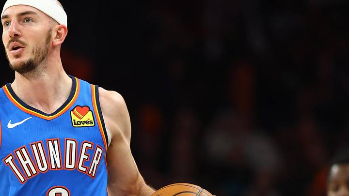 Apr 27, 2026; Phoenix, Arizona, USA; Oklahoma City Thunder guard Alex Caruso (9) against the Phoenix Suns during game four of the first round of the 2026 NBA Playoffs at Mortgage Matchup Center. Mandatory Credit: Mark J. Rebilas-Imagn Images