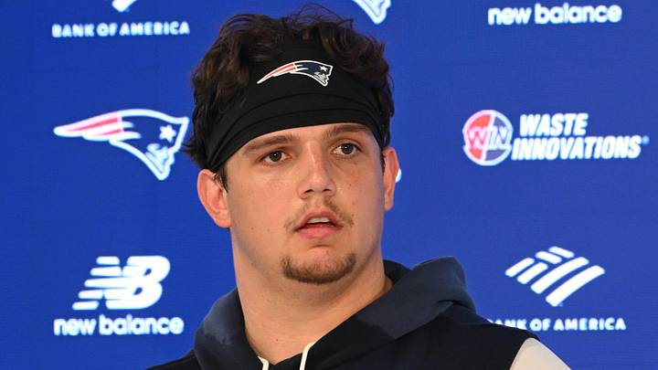 Jun 2, 2026; Foxborough, MA, USA;   New England Patriots offensive tackle Will Campbell (66) speaks at a press conference after  practice at the team's OTA at Gillette Stadium. Mandatory Credit: Eric Canha-Imagn Images