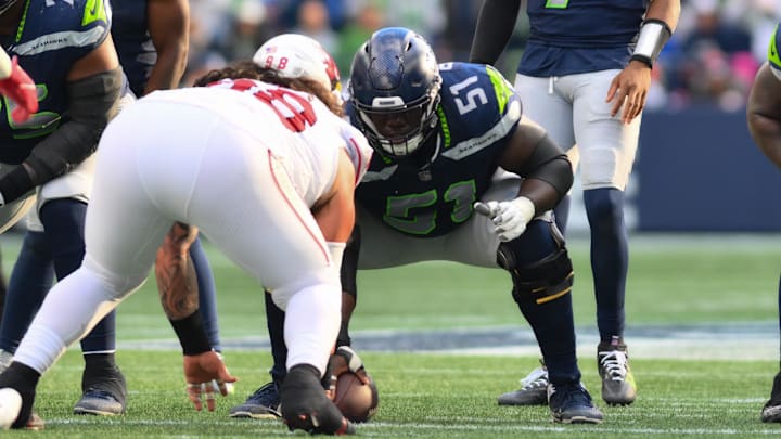 Oct 22, 2023; Seattle, Washington, USA; Seattle Seahawks center Olu Oluwatimi (51) during the second half against the Arizona Cardinals at Lumen Field. Mandatory Credit: Steven Bisig-Imagn Images