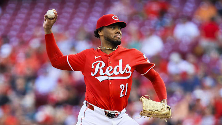 Cincinnati Reds starting pitcher Hunter Greene (21) pitches against the Milwaukee Brewers in the first inning at Great American Ball Park on June 3. 
