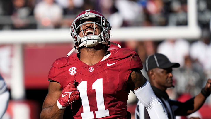 Alabama Crimson Tide linebacker Jihaad Campbell celebrates after sacking Mercer quarterback Whitt Newbauer.