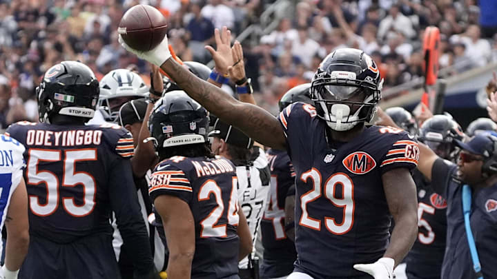 Chicago Bears cornerback Tyrique Stevenson (29) reacts after a turnover against the Dallas Cowboys during the first half at Soldier Field.