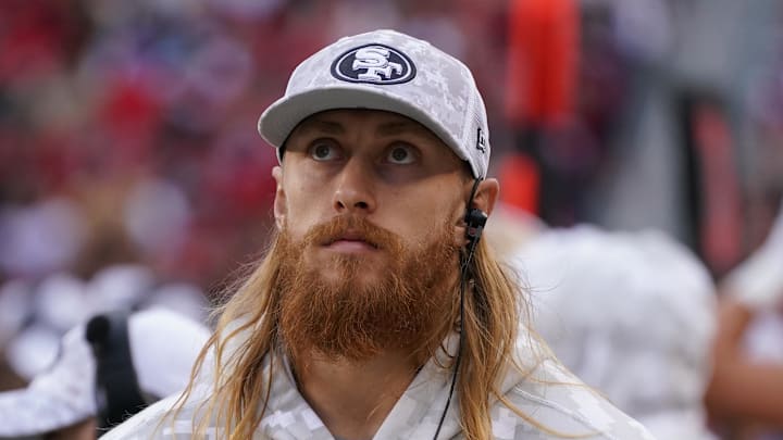 Nov 17, 2024; Santa Clara, California, USA; George Kittle stands on the sideline with injury against the Seattle Seahawks in the fourth quarter at Levi's Stadium. Mandatory Credit: David Gonzales-Imagn Images