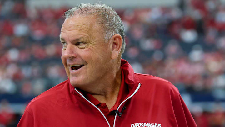 Arkansas Razorbacks head coach Sam Pittman laughs before the game against the Texas A&M Aggies at AT&T Stadium. 