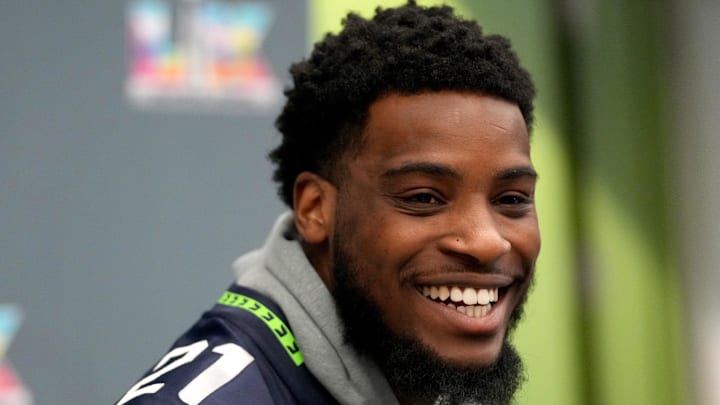 Feb 4, 2026; San Jose, CA, USA; Seattle Seahawks cornerback Devon Witherspoon (21) smiles at the San Jose Convention Center. Mandatory Credit: Cary Edmondson-Imagn Images
