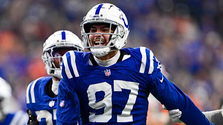 Sep 22, 2024; Indianapolis, Indiana, USA; Indianapolis Colts defensive end Laiatu Latu (97) celebrates a sack during the second half against the Chicago Bears at Lucas Oil Stadium. Mandatory Credit: Marc Lebryk-Imagn Images
