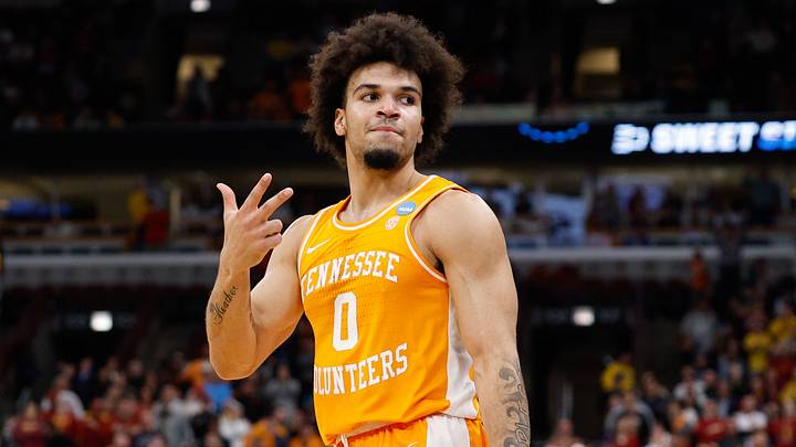 Mar 27, 2026; Chicago, IL, USA; Tennessee Volunteers guard Ja'Kobi Gillespie (0) reacts in the second half against the Iowa State Cyclones during a Sweet Sixteen game of the Midwest Regional of the men's 2026 NCAA Tournament at United Center. Mandatory Credit: Kamil Krzaczynski-Imagn Images