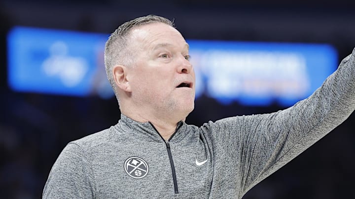 Mar 10, 2025; Oklahoma City, Oklahoma, USA; Denver Nuggets head coach Michael Malone gestures to his team during a play against the Oklahoma City Thunder during the second quarter at Paycom Center. Mandatory Credit: Alonzo Adams-Imagn Images