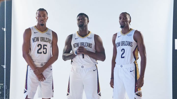 Sep 23, 2025; Metairie, LA, USA; New Orleans Pelicans guard Trey Murphy III (25), forward Zion Williamson (1), and forward Herbert Jones (2) take part in media day at Ochsner Sports Performance Center. Mandatory Credit: Matthew Hinton-Imagn Images Sep 23, 2025; Metairie, LA, USA; New Orleans Pelicans guard Trey Murphy III (25), forward Zion Williamson (1), and forward Herbert Jones (2) take part in media day at Ochsner Sports Performance Center. Mandatory Credit: Matthew Hinton-Imagn Images