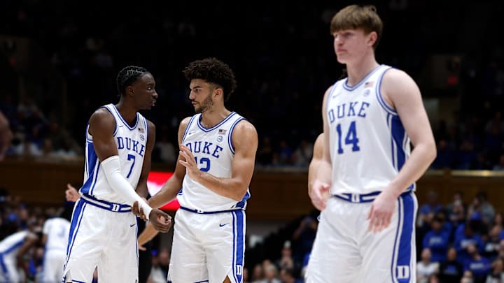 Georgia Tech v Duke; Duke basketball guard Dame Sarr with forwards Cam Boozer and Nik Khamenia Georgia Tech v Duke; Duke basketball guard Dame Sarr with forwards Cam Boozer and Nik Khamenia