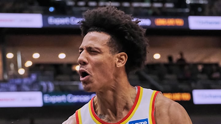 Atlanta Hawks forward Jalen Johnson (1) reacts against the New Orleans Pelicans at Smoothie King Center during the first half of the game on November 22, 2025.
