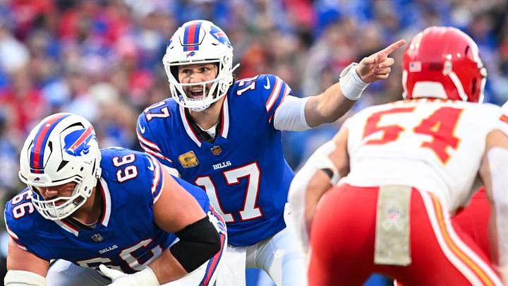 Nov 2, 2025; Orchard Park, New York, USA; Buffalo Bills quarterback Josh Allen (17) calls a play in the first quarter against the Kansas City Chiefs at Highmark Stadium. Mandatory Credit: Mark Konezny-Imagn Images