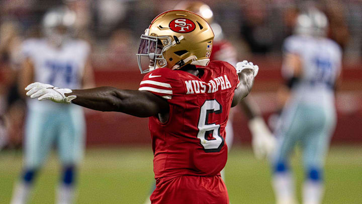 Oct 27, 2024; Santa Clara, California, USA; San Francisco 49ers safety Malik Mustapha (6) celebrates after Dallas Cowboys quarterback Dak Prescott (not pictured) pass is incomplete during the third quarter at Levi's Stadium. Mandatory Credit: Neville E. Guard-Imagn Images