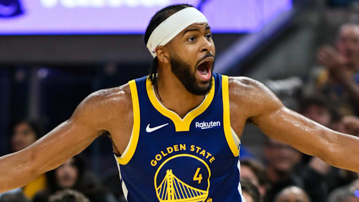 Nov 4, 2025; San Francisco, California, USA; Golden State Warriors guard Moses Moody (4) reacts against the Phoenix Suns in the fourth quarter at Chase Center. Mandatory Credit: Eakin Howard-Imagn Images