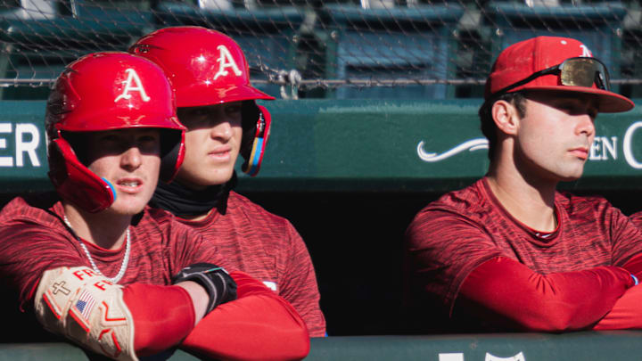 Arkansas baseball players in the dugout on the opening day of spring ball