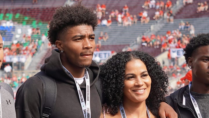 Sept. 21, 2024; Columbus, Ohio, USA; James Monroe High School (New York) wide receiver Messiah Hampton watches warm-ups before Ohio State's game against the Marshall University Thundering Herd at Ohio Stadium.