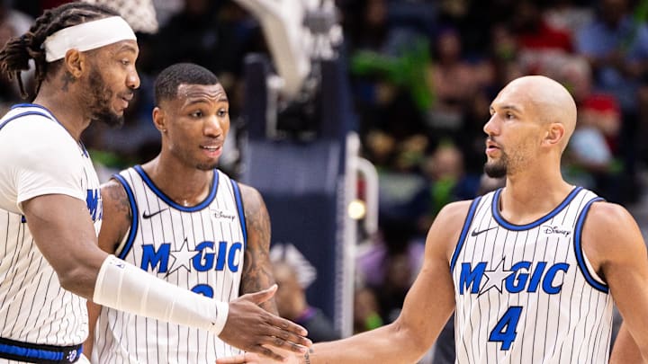 Apr 5, 2026; New Orleans, Louisiana, USA; Orlando Magic guard Jalen Suggs (4) against the New Orleans Pelicans during the second half at Smoothie King Center. Mandatory Credit: Stephen Lew-Imagn Images Apr 5, 2026; New Orleans, Louisiana, USA; Orlando Magic guard Jalen Suggs (4) against the New Orleans Pelicans during the second half at Smoothie King Center. Mandatory Credit: Stephen Lew-Imagn Images
