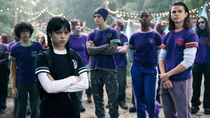 (L to R) Moosa Mostafa as Eugene, Jenna Ortega as Wednesday Addams, Georgie Farmer as Ajax, Joy Sunday as Bianca Barclay, and Oliver Watson as Kent in episode 203 of Wednesday