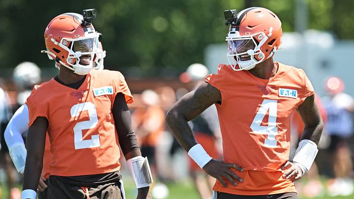 Jul 30, 2026; Berea, OH, USA; Cleveland Browns quarterback Shedeur Sanders (2) and quarterback Deshaun Watson (4) talk during training camp at CrossCountry Mortgage Campus. Mandatory Credit: Ken Blaze-Imagn Images Jul 30, 2026; Berea, OH, USA; Cleveland Browns quarterback Shedeur Sanders (2) and quarterback Deshaun Watson (4) talk during training camp at CrossCountry Mortgage Campus. Mandatory Credit: Ken Blaze-Imagn Images