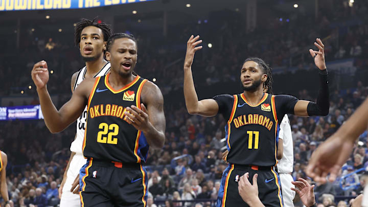 Jan 19, 2025; Oklahoma City, Oklahoma, USA; Oklahoma City Thunder guards Cason Wallace (22) and Isaiah Joe (11) react after a play against the Brooklyn Nets during the first quarter at Paycom Center. Mandatory Credit: Alonzo Adams-Imagn Images Jan 19, 2025; Oklahoma City, Oklahoma, USA; Oklahoma City Thunder guards Cason Wallace (22) and Isaiah Joe (11) react after a play against the Brooklyn Nets during the first quarter at Paycom Center. Mandatory Credit: Alonzo Adams-Imagn Images