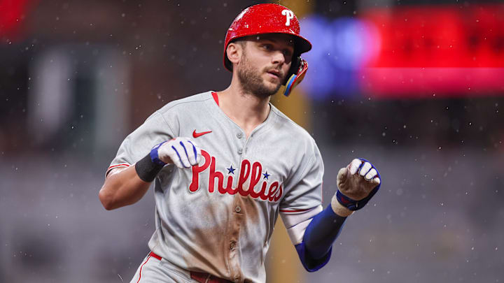 Jun 27, 2025; Atlanta, Georgia, USA; Philadelphia Phillies shortstop Trea Turner (7) celebrates after a home run against the Atlanta Braves in the second inning at Truist Park