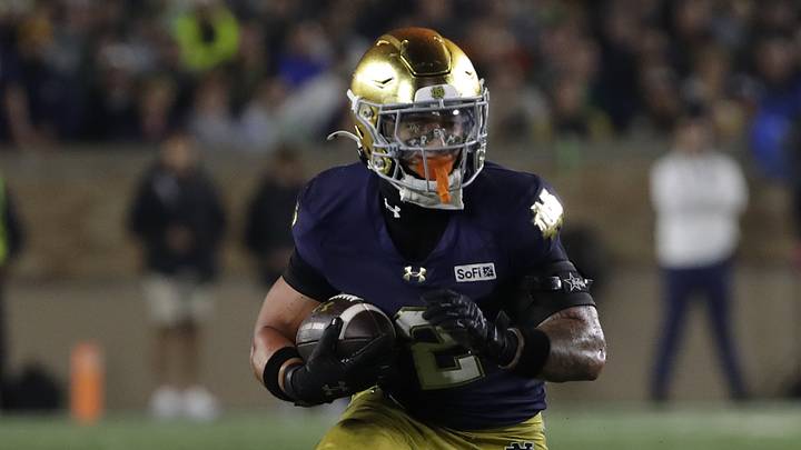 Sep 19, 2026; South Bend, Indiana, USA;  Notre Dame Fighting Irish running back Nolan James Jr. (2) runs against the Michigan State Spartans during the second half at Notre Dame Stadium. 