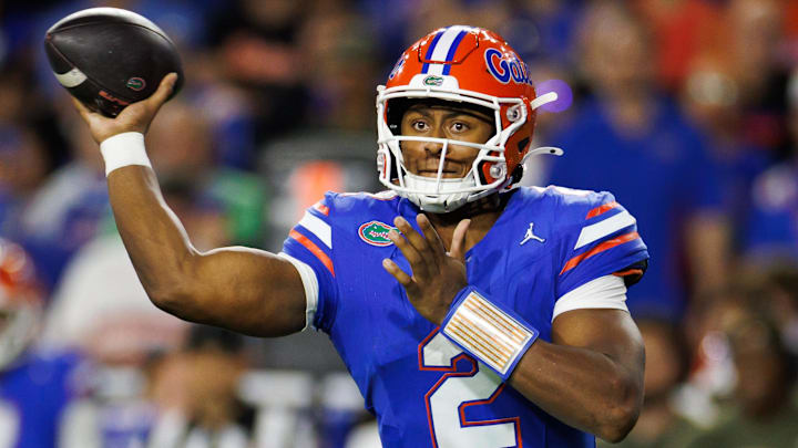 Nov 22, 2025; Gainesville, Florida, USA; Florida Gators quarterback DJ Lagway (2) throws the ball against the Tennessee Volunteers during the first half at Ben Hill Griffin Stadium. Mandatory Credit: Matt Pendleton-Imagn Images