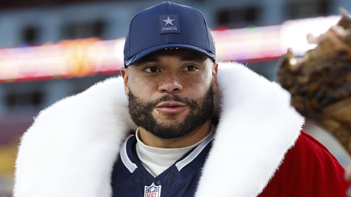 Dec 25, 2025; Landover, Maryland, USA; Dallas Cowboys quarterback Dak Prescott (4) is interviewed after defeating the Washington Commanders at Northwest Stadium. Dec 25, 2025; Landover, Maryland, USA; Dallas Cowboys quarterback Dak Prescott (4) is interviewed after defeating the Washington Commanders at Northwest Stadium.