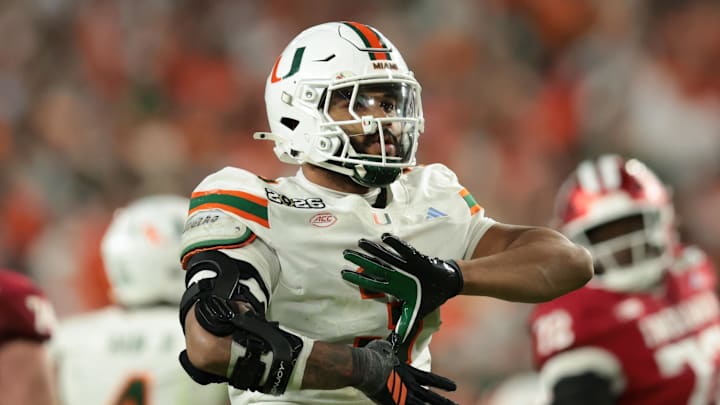 Jan 19, 2026; Miami Gardens, FL, USA; Miami Hurricanes defensive lineman Akheem Mesidor (3) celebrates after a sack against the Indiana Hoosiers in the third quarter during the College Football Playoff National Championship game at Hard Rock Stadium. Mandatory Credit: Sam Navarro-Imagn Images Jan 19, 2026; Miami Gardens, FL, USA; Miami Hurricanes defensive lineman Akheem Mesidor (3) celebrates after a sack against the Indiana Hoosiers in the third quarter during the College Football Playoff National Championship game at Hard Rock Stadium. Mandatory Credit: Sam Navarro-Imagn Images