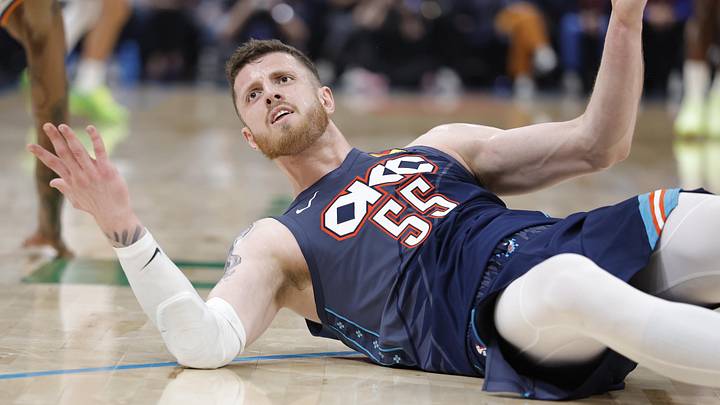 Apr 22, 2026; Oklahoma City, Oklahoma, USA; Oklahoma City Thunder center Isaiah Hartenstein (55) reacts after falling to the floor during a play against the Phoenix Suns in the second half during game two of the first round of the 2026 NBA Playoffs at Paycom Center. Mandatory Credit: Alonzo Adams-Imagn Images