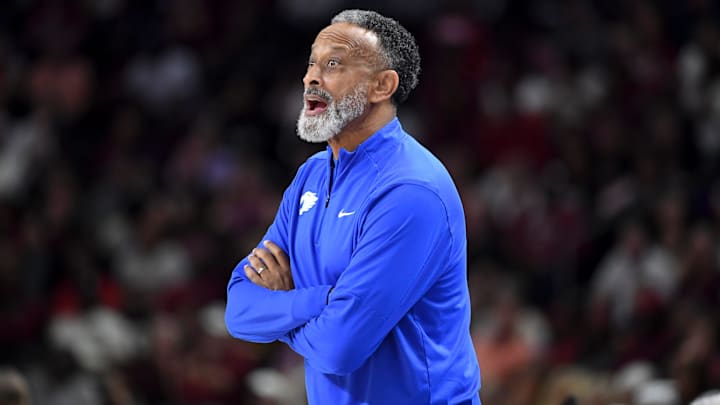 Kentucky Wildcats head coach Kenny Brooks gives instructions down court Friday, March 6, 2026, during the SEC Women's Basketball Tournament quarterfinals game against the South Carolina Gamecocks at Bon Secours Wellness Arena in Greenville, South Carolina. Kentucky Wildcats head coach Kenny Brooks gives instructions down court Friday, March 6, 2026, during the SEC Women's Basketball Tournament quarterfinals game against the South Carolina Gamecocks at Bon Secours Wellness Arena in Greenville, South Carolina.